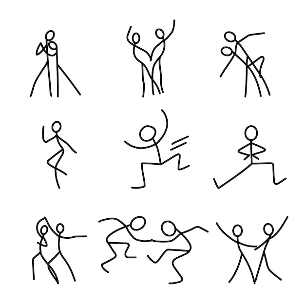 Cartoon icons set of sketch little dancing vector people in cute miniature scenes.