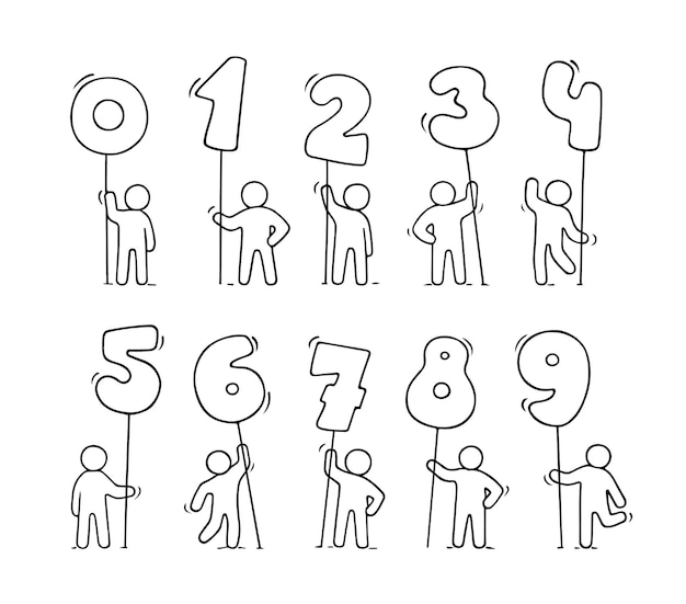 Набор иконок шаржа эскиза маленьких людей с числами. Нарисованный от руки