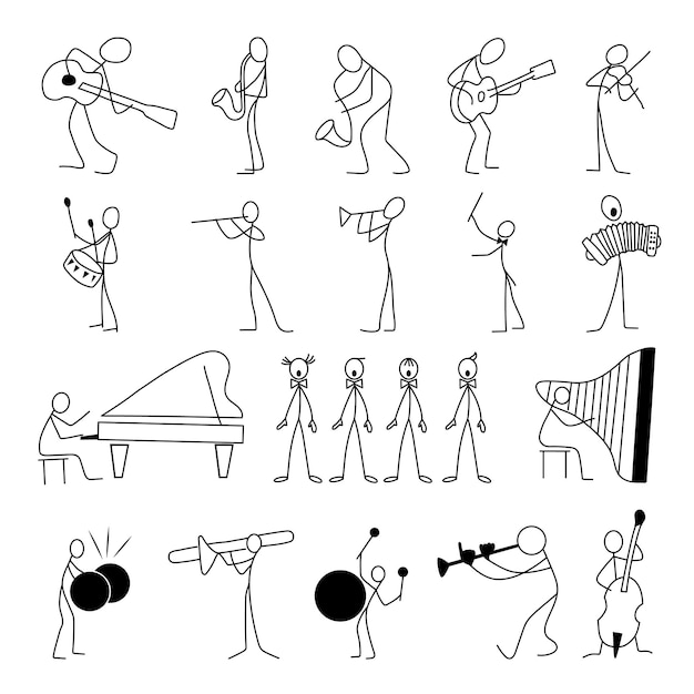 Cartoon icons set of sketch stick musician figures vector people in cute miniature scenes.