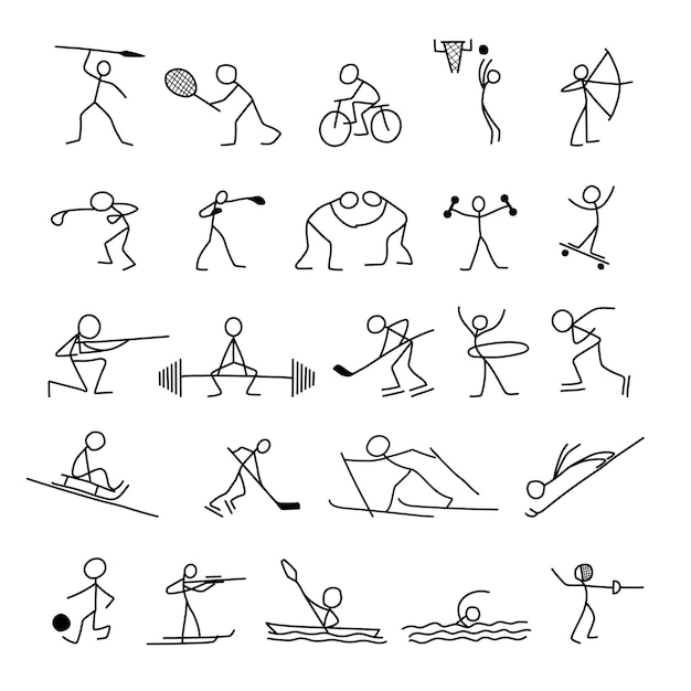 Cartoon icons sport set of sketch little vector people in cute miniature scenes.