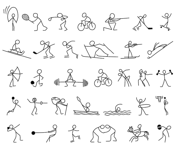 Cartoon icons sport set of sketch little vector people in cute miniature scenes.