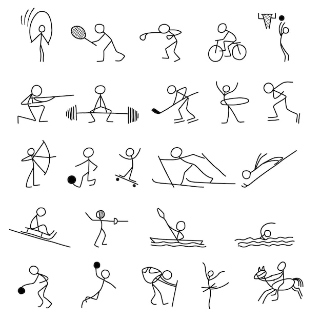 Cartoon icons sport set of stick figures sketch little vector people in cute miniature scenes.