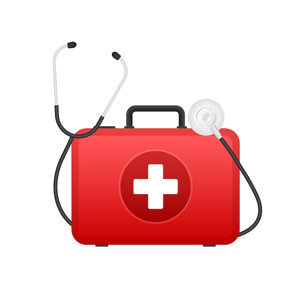 Cartoon icoon met rode eerste hulp op witte achtergrond voor medisch ontwerp Platte vectorillustratie