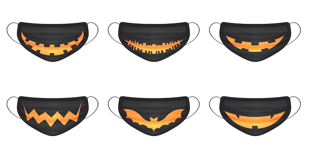 Cartoon icoon met zwarte halloween smile masker pompoen op witte achtergrond voor feest ontwerp. coronavirus-symbool voor gezichtsbescherming.
