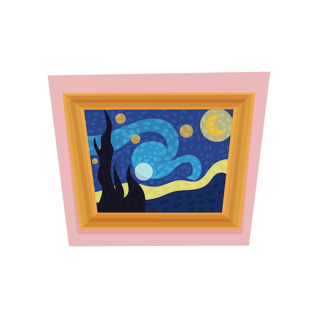 Cartoon-icoon van het beroemde schilderij van de sterrenrijke nacht van Vincent van Gogh Museum tentoonstelling Kunstgalerij thema Grafisch element voor reclameposter Kleurrijk vlakke vectorontwerp geïsoleerd op witte achtergrond