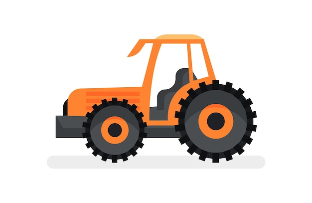 Cartoon icoon van Oranje trekker met grote wielen zijaanzicht Landbouwvoertuig Moderne landbouwmachines Zware machines Kleurrijke vectorillustratie in vlakke stijl geïsoleerd op een witte achtergrond