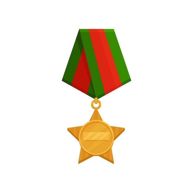 Cartoon icoon van stervormige medaille met heldere roodgroene lint gouden orde beloning voor moed en dapperheid eerlijke militaire onderscheiding kleurige platte vector illustratie geïsoleerd op witte achtergrond