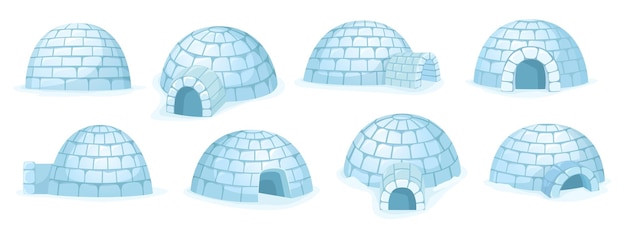 Cartoon iglo Sneeuwhut winterhuis gebouwd van sneeuw en arctische onderdak gebouw vanuit verschillende hoeken vector set