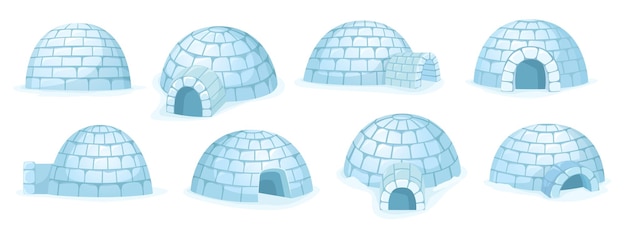 Vettore cartoon igloo capanna di neve casa invernale costruita con neve e riparo artico da diverse angolazioni insieme vettoriale