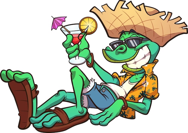 Vector cartoon iguana on vacation relaxing with tropical drink