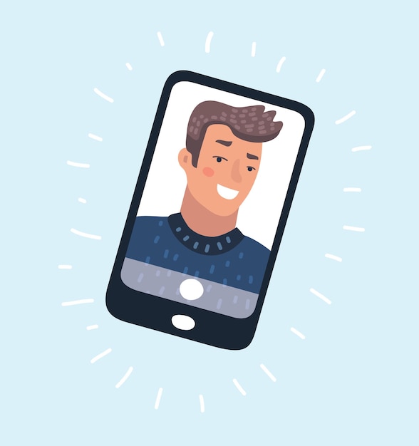 Vector cartoon illusration of young man faces on smartphone display on isolated backround