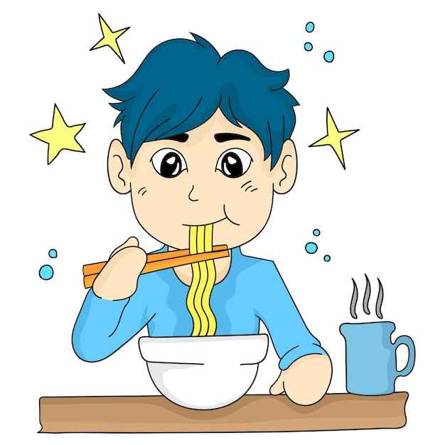 Cartoon illustratie jongen die noedels eet