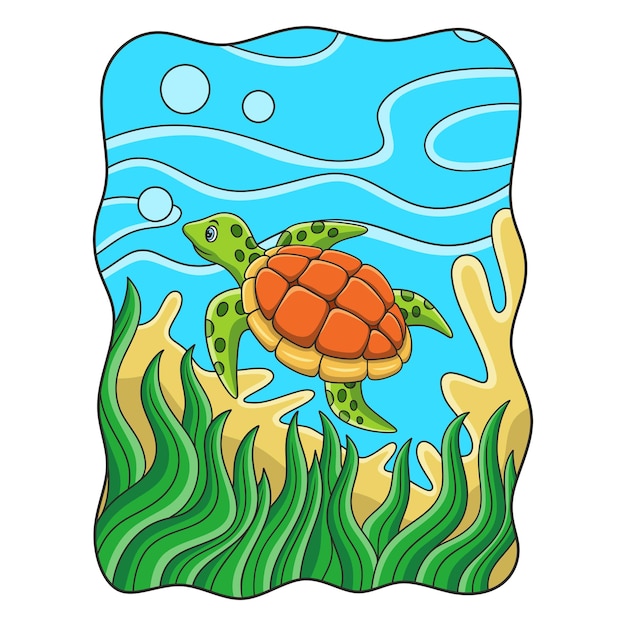 Cartoon illustratie schildpadden zwemmen in de zee met enkele koraalriffen en zeeplanten