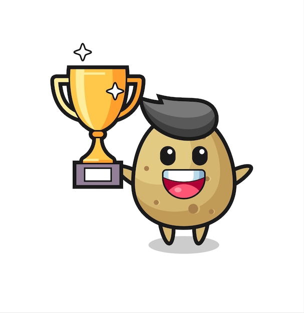 Cartoon illustratie van aardappel is blij om de gouden trofee omhoog te houden