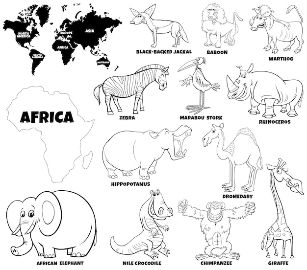 Vector cartoon illustratie van afrikaanse dierlijke karakters set kleurboek pagina