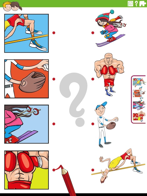 Cartoon illustratie van educatieve matching-activiteit met mensen en sportdisciplines en knipsels van afbeeldingen