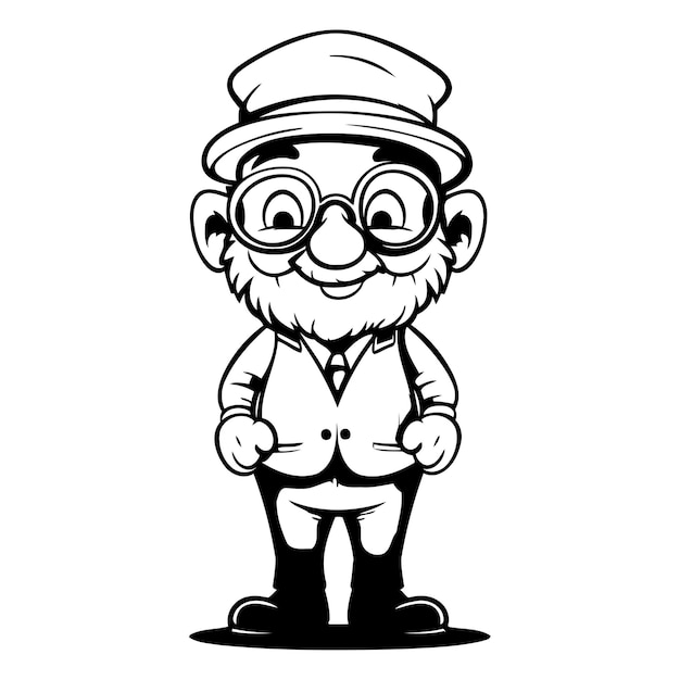 Cartoon illustratie van een gelukkige oude man met een pet en een bril