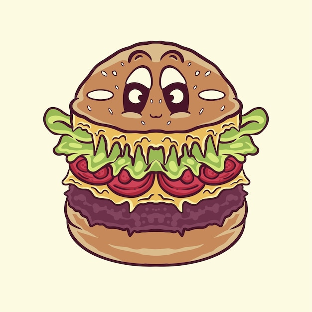 Cartoon illustratie van een hamburger met een gezicht en ogen en een glimlach erop.