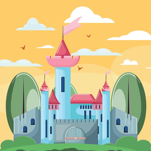 Cartoon illustratie van een kasteel in en blauw op gele hemel Voor poster kaart baby shower cover banner