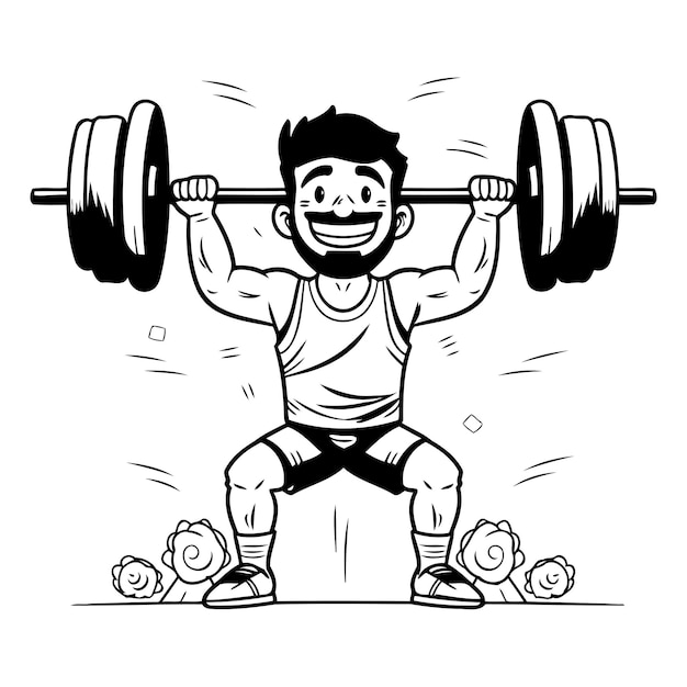 Cartoon illustratie van een man die een halter in de sportschool tilt