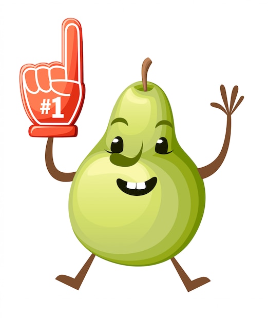 Cartoon illustratie van een peer. schattige peer mascotte. fruit met schuim hand nummer 1 springen illustratie op witte achtergrond. website-pagina en mobiele app