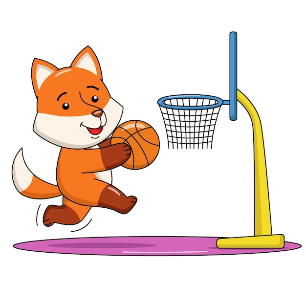 Vector cartoon illustratie van een schattige vos basketbal spelen