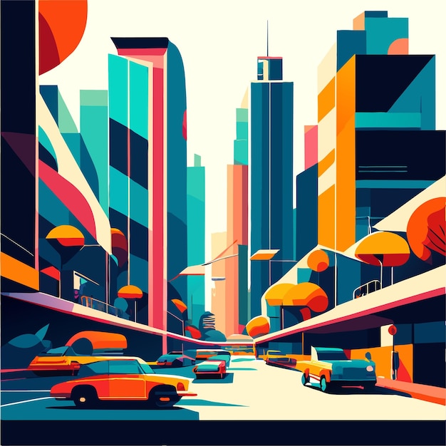 Vector cartoon illustratie van een stedelijk landschap met grote moderne gebouwen en auto's