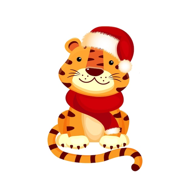 Cartoon illustratie van een tijgerwelp in kerstmuts geïsoleerd op een witte achtergrond