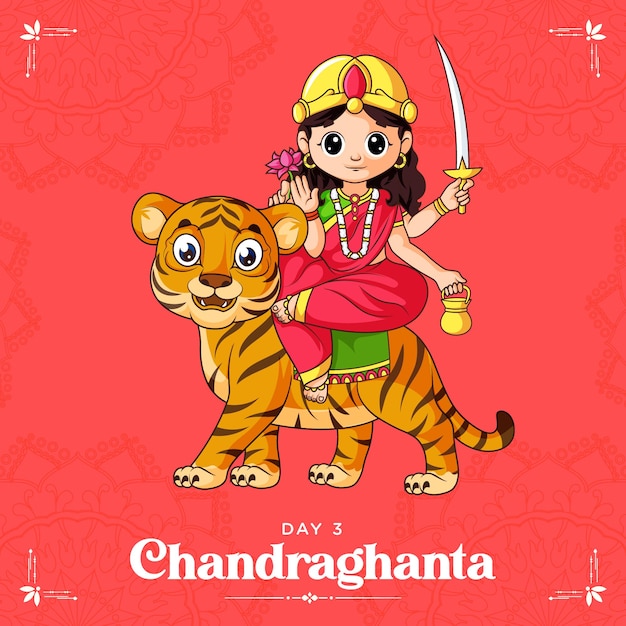 Cartoon illustratie van godin chandraghanta maa voor navratri banner dag één van navratri festival