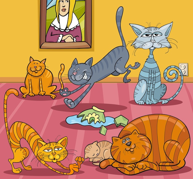 Cartoon illustratie van grappige katten dierlijke karakters die een puinhoop maken in de kamer