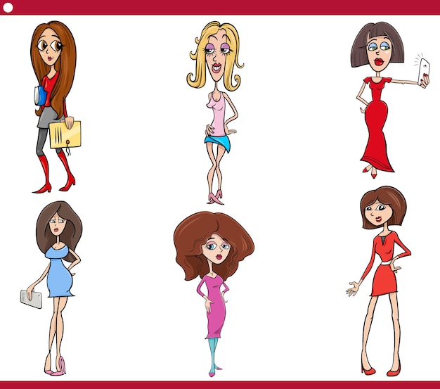 Vector cartoon illustratie van grappige vrouwen stripfiguren set