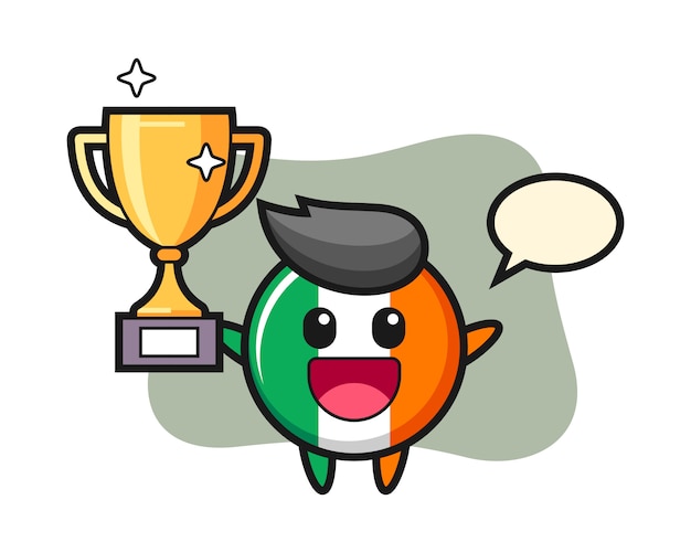 Cartoon illustratie van ierland vlag badge is blij met de gouden trofee