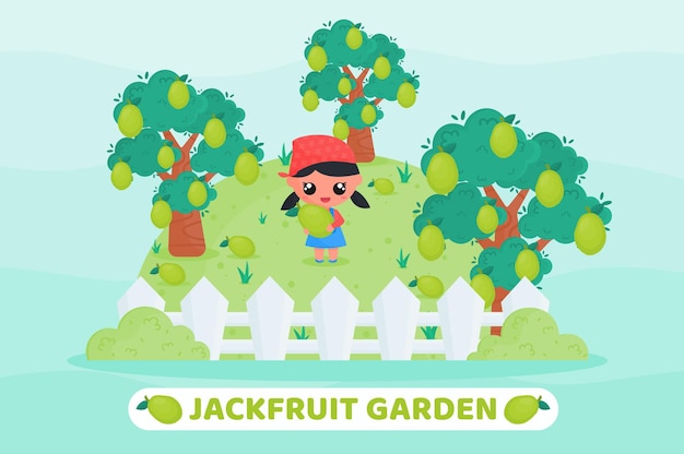 Cartoon illustratie van jackfruit-tuin met schattige boer die jackfruit oogst en vasthoudt