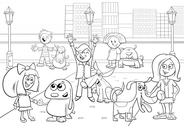 Cartoon illustratie van kinderen met honden groep