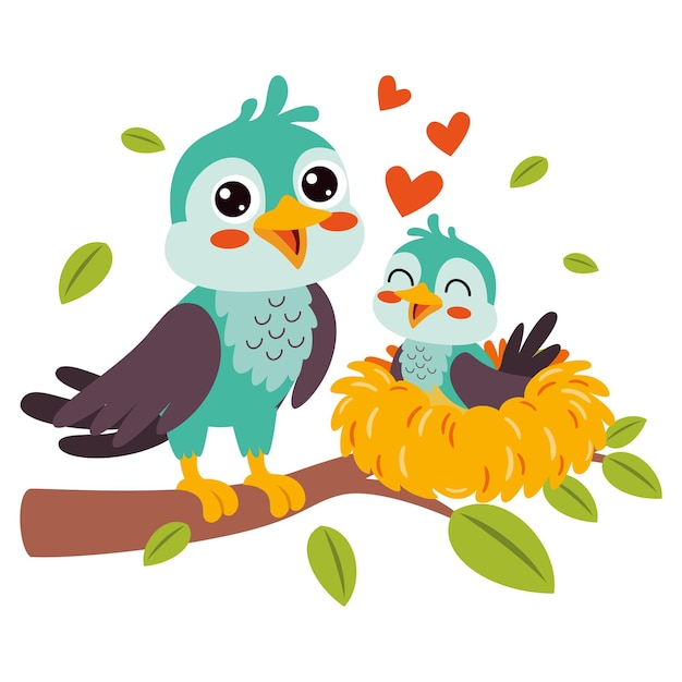 Cartoon Illustratie Van Moeder En Baby Vogels