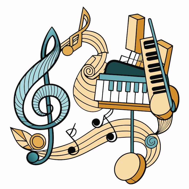 Vector cartoon illustratie van muzieknoten een piano en een muziekstaf