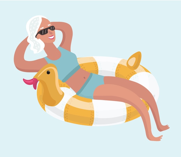 Cartoon illustratie van oudere vrouw ontspannen zonnebaden