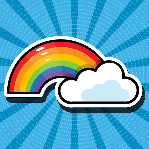 Cartoon illustratie van regenboog en wolk Blauwe retro achtergrond