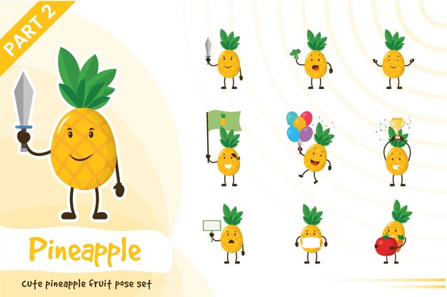 Cartoon illustratie van schattige ananas fruit set