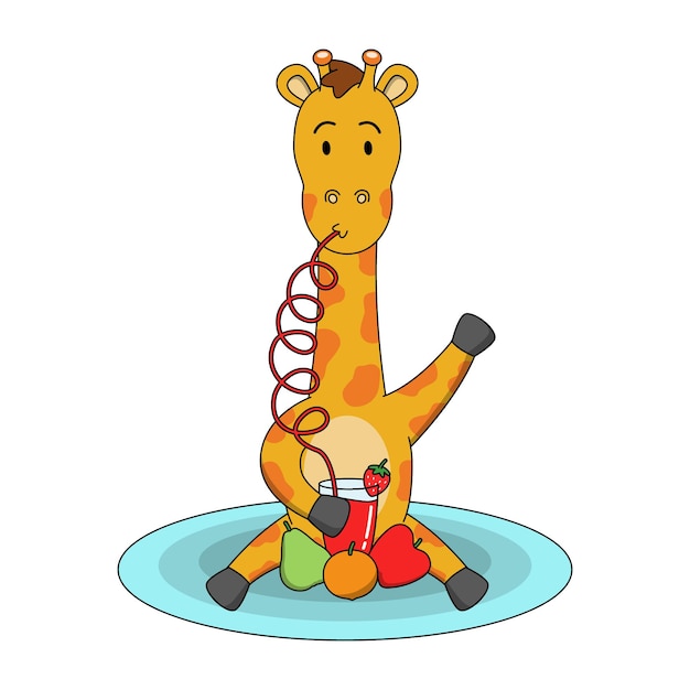 Vector cartoon illustratie van schattige giraf drinken vruchtensap