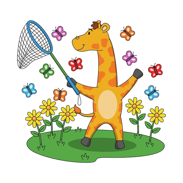 Vector cartoon illustratie van schattige giraffe spelen met vlinders