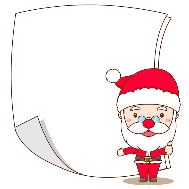 Vector cartoon illustratie van schattige kerstman met blanco papier chibi karakter