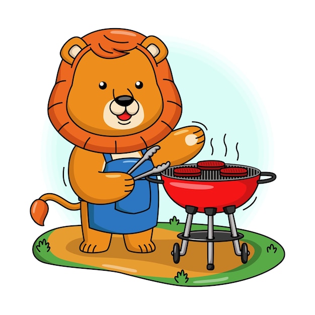 Vector cartoon illustratie van schattige leeuw koken barbecue vlees