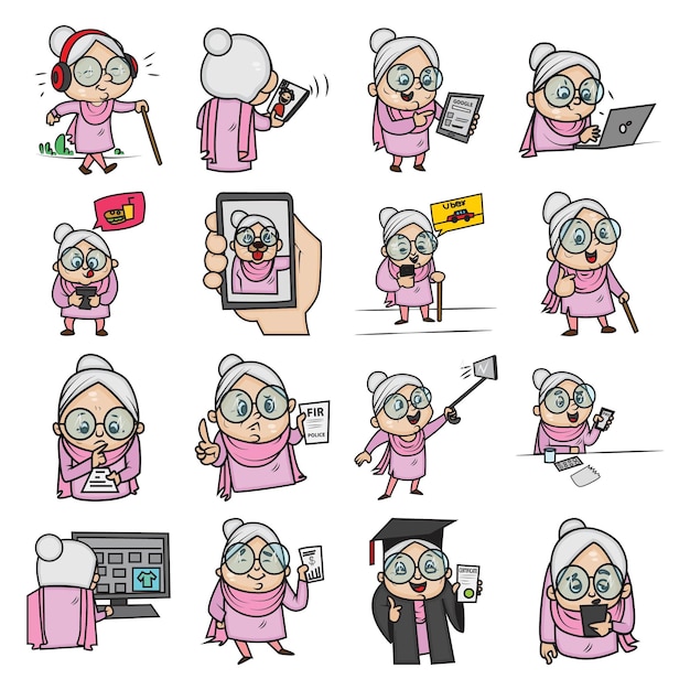 Cartoon illustratie van schattige oma sticker set