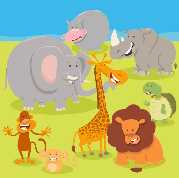 Cartoon illustratie van wilde safari dieren stripfiguren