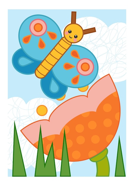 Cartoon illustratie voor kinderen kleurrijke poster Bloemenweide De vlinder en bloem