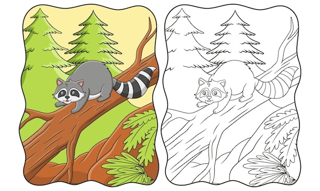Cartoon illustratie wasberen ontspannen op boomstammen in het midden van het bos om te genieten van het zonneboek of de pagina voor kinderen