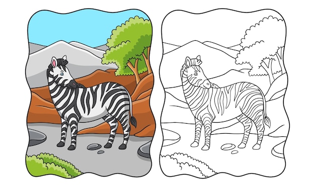 Cartoon illustratie zebra wandelen in het bos onder de berg en terugkijkend boek of pagina voor kinderen