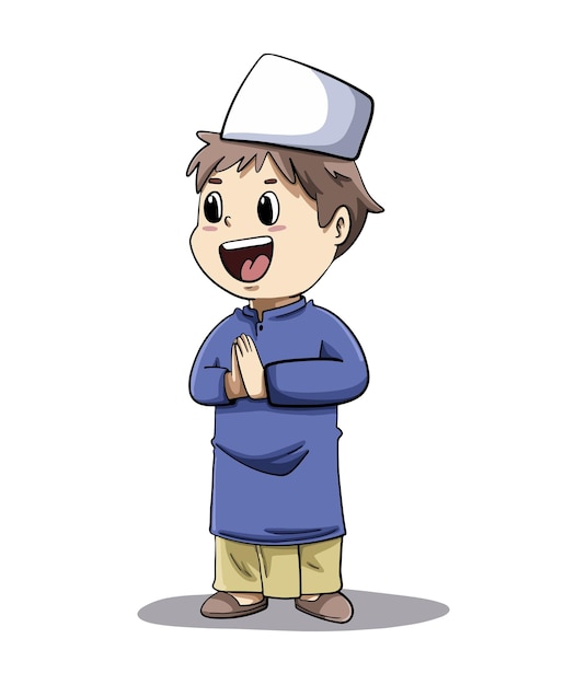 cartoon illustratieontwerp van een schattige jongen die met beide handen op zijn borst glimlacht en Eid verwelkomt