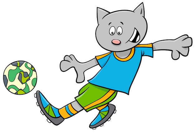 Cartoon illustraties van cat voetbal of voetballer karakter met bal